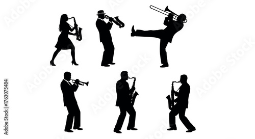 Silhouettes of jazz musicians playing instruments including saxophone trumpet and trombone vector illustration for music events an