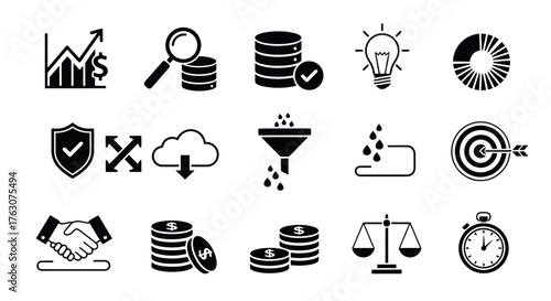 Set of business and finance icons simple flat vector glyphs for web and mobile apps transparent background