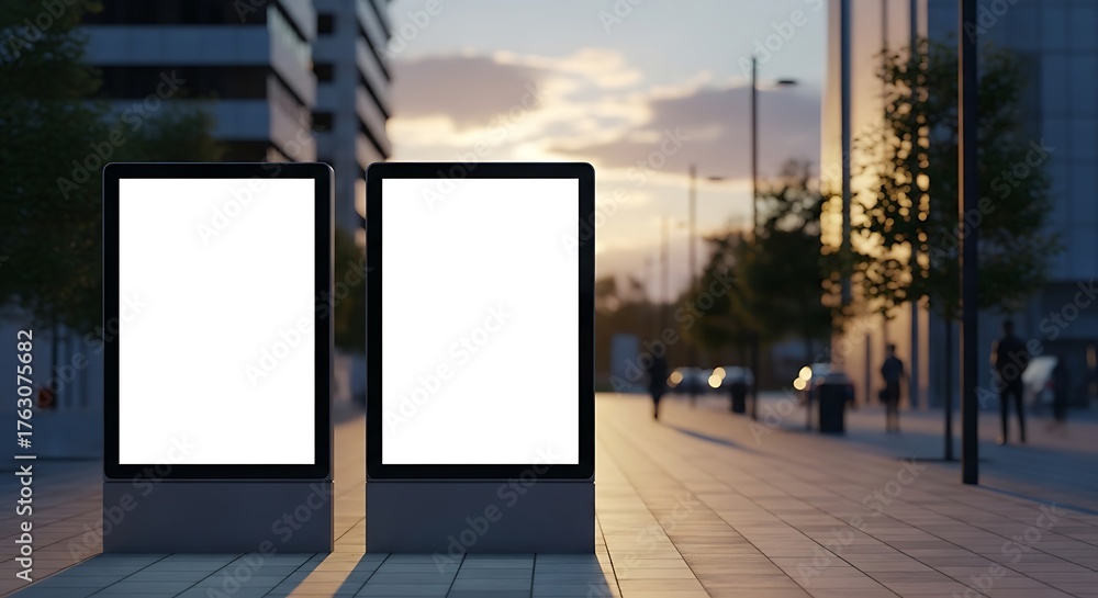 Fototapeta premium Mockup of two empty vertical billboards on a modern city street at sunset, ideal for advertising and commercial displays