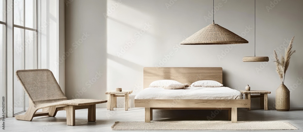 Fototapeta premium Light-filled bedroom with natural wood bed and rattan lounge chair