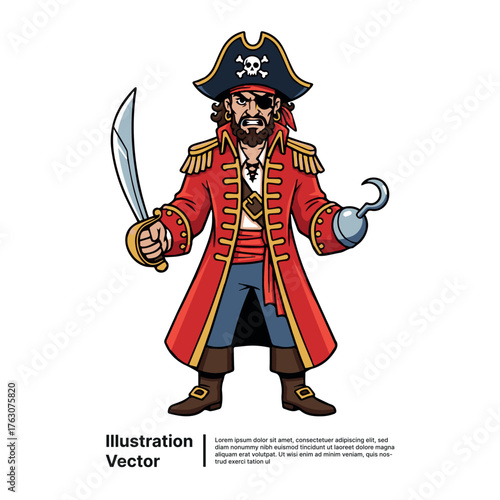 Vibrant cartoon illustration of a swashbuckling pirate captain with a cutlass and hook hand, ready for adventure