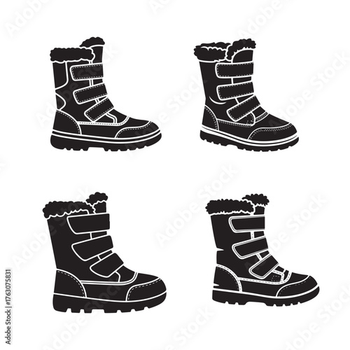 Collection of four black winter snow boots with white accents and velcro straps on a white background