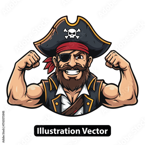 A powerful cartoon pirate mascot with a beard and eyepatch flexing his strong biceps