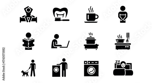 Set of daily routine icons simple black glyph vector symbols for app and web design transparent background