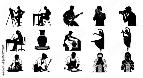 Set of creative hobby silhouettes diverse artistic pursuits in vector format transparent background