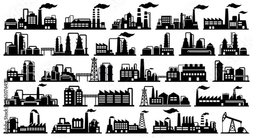 Set of industrial factory silhouettes vector illustration of manufacturing plants and refineries transparent background