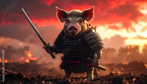 Samurai Pig in Armor Holding Sword with Fire Background.