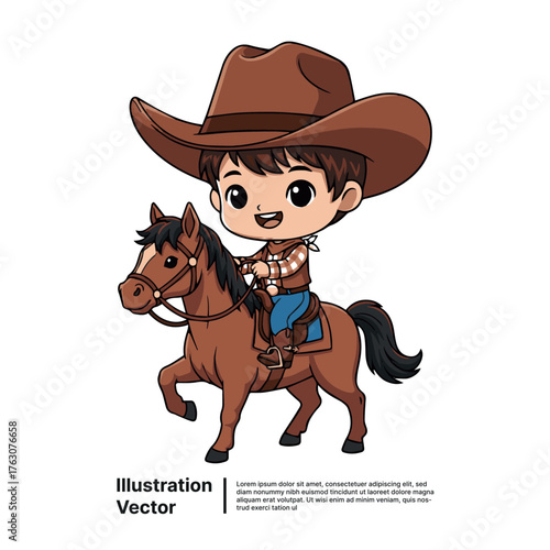 Cute Cowboy Riding a Horse illustration, Western style cartoon character on a galloping horse