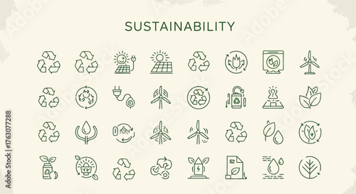 Set of sustainability line icons vector illustration of eco-friendly symbols for environmental awareness and green energy concepts