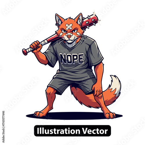 Anthropomorphic Cartoon Fox Character Illustration with Baseball Bat Ready for Action