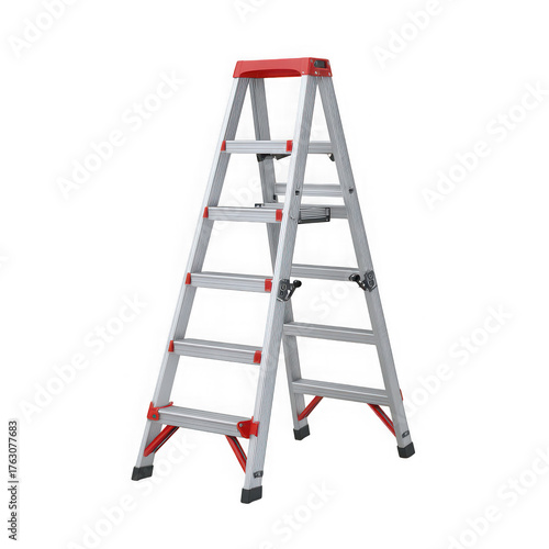 A sturdy aluminum a frame stepladder with red accents perfect for home improvement and construction tasks isolated on transparent background
