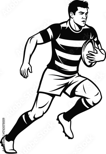 Black and white silhouette of a rugby player running with ball sport athlete