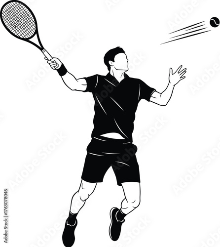 Black silhouette of a male tennis player serving a ball black and white sport