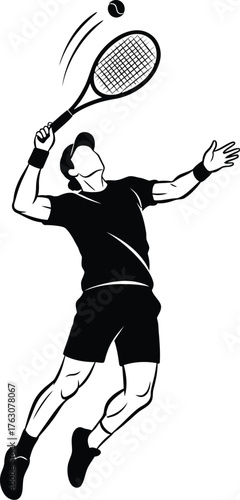 Black silhouette of a male tennis player serving a ball black and white
