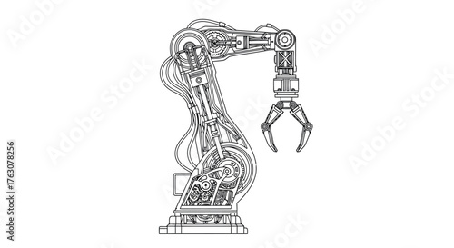 Detailed robotic arm vector illustration mechanical engineering blueprint transparent background