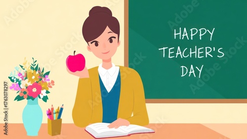 Happy Teacher's Day Illustration. Female Teacher Holding Apple in Classroom with Chalkboard Greeting.