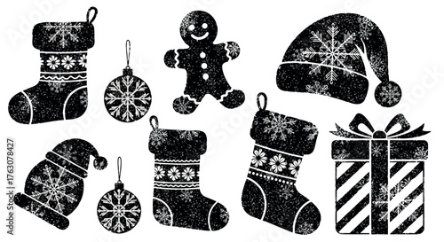Set of Christmas vector icons including stocking ornament gingerbread man and gift in a grunge black and white style transparent b