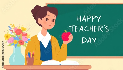 Happy Teacher's Day Illustration. Female Teacher Holding Apple in Classroom with Chalkboard Greeting.