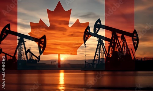 Silhouette of oil pump jacks working against a Canada flag background Canadian energy industry and economy concept video animation.