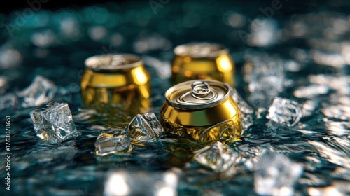 Three golden beverage cans surrounded by ice cubes floating on a shimmering water surface