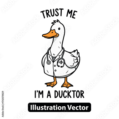 Funny cartoon duck character dressed as a doctor with a stethoscope, a humorous ducktor pun
