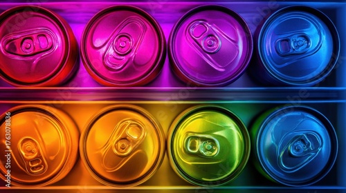Colorful arrangement of beverage cans in vibrant hues, showcasing a lively display for refreshment