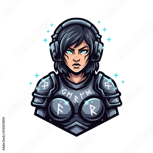 Woman warrior with headphones and armor featuring runes in a digital art style illustration