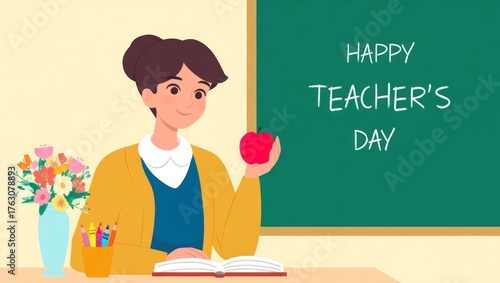Happy Teacher's Day Illustration. Female Teacher Holding Apple in Classroom with Chalkboard Greeting.