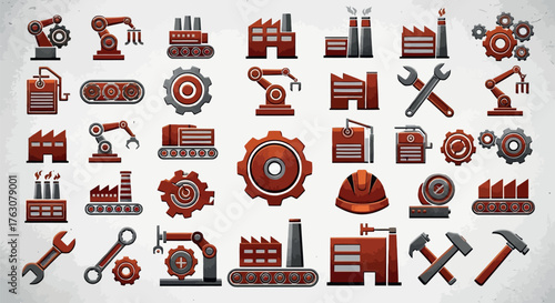 Industrial factory icon set vector illustration of manufacturing and production symbols transparent background