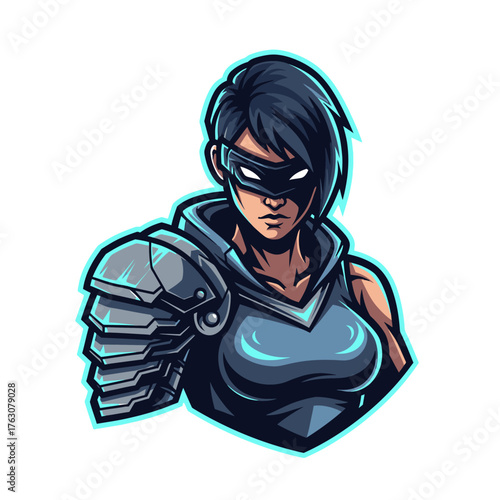 Illustration of a female character wearing a mask and armor with a determined expression