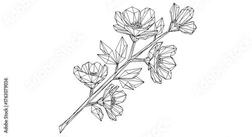 Low poly dog rose branch illustration geometric vector design transparent background