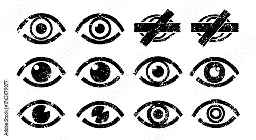 Set of grunge eye icons vector illustration of vision and sight symbols transparent background