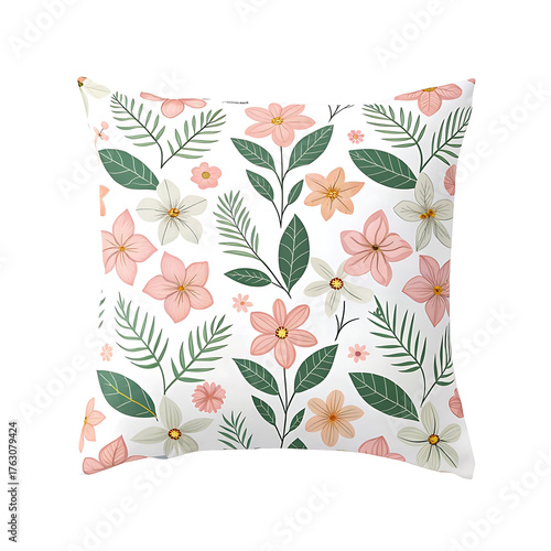 Decorative Pillow with Floral Print on White Background