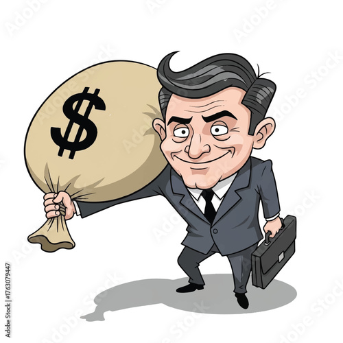Financial Victory: A determined businessperson confidently strides forward, clutching a large bag of money and a briefcase, symbolizing financial success.