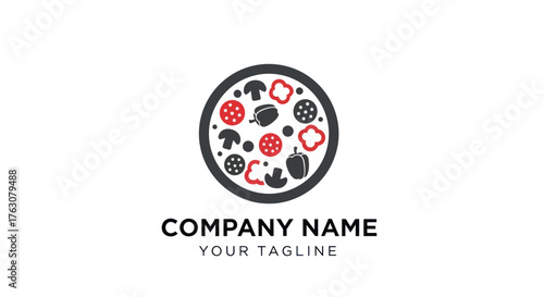 Pizza logo design with various vegetables and company name.