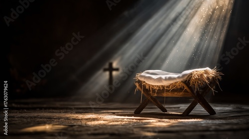 Jesus in a serene manger scene illuminated by gentle rays of light in a quiet, dark setting with a cross in the background