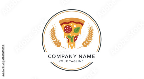 Delicious pizza slice with wheat elements in a circular logo design.
