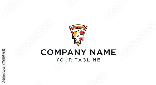 A vibrant and playful pizza slice logo design, perfect for a modern pizzeria or food delivery service, featuring colorful toppings and a dripping cheese effect.