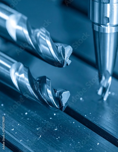 Close-up of metallic drill bits on a blue metallic surface