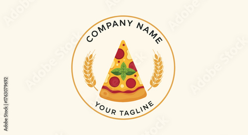 Delicious pizza slice logo with wheat ears for a food company brand.