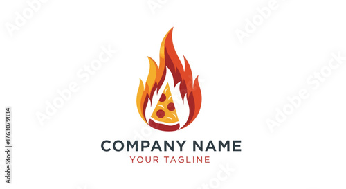 Flaming hot pizza slice logo design concept for a restaurant.
