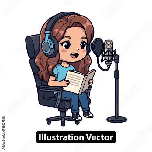 Cartoon illustration of a person reading a book into a microphone with headphones in a studio