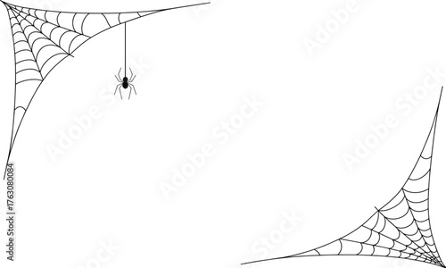 Minimal black spider web corners on white background with hanging spider, elegant Halloween border design with thin delicate lines, clean minimalist vector illustration isolated on white