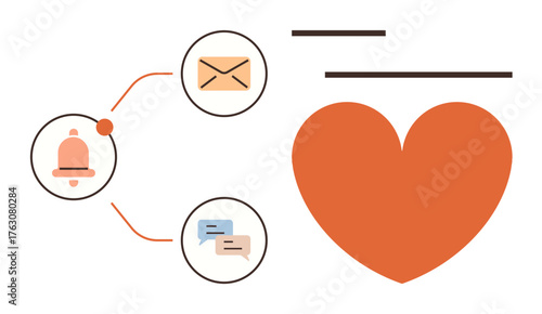 Notification bell, message, email icons connected to orange heart representing communication, connectivity, interaction, and support. Ideal for social networks, messaging, notifications