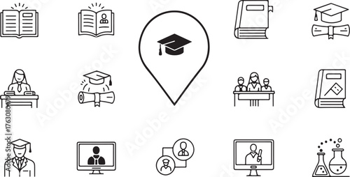 WebEducation, University, and Online Learning Outline Icons Set