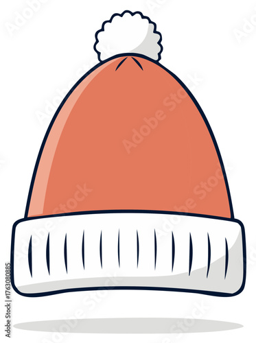 Simple vector illustration of a warm orange winter hat with a white pompom and ribbed cuff