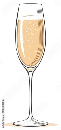 Elegant champagne flute with fizzing drink, celebration toast symbol, hand drawn sketch