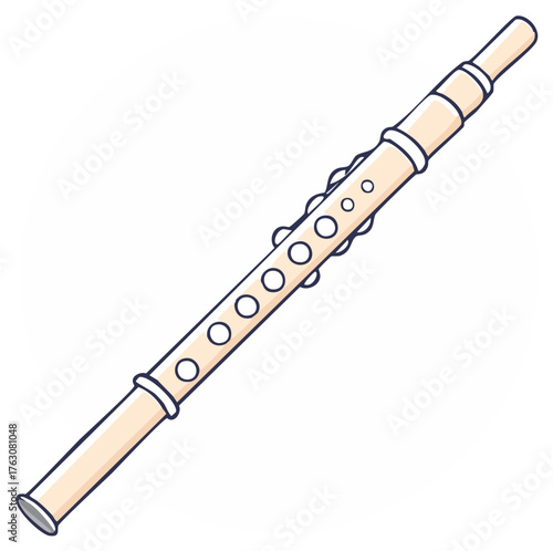 Cartoon illustration of a beige flute, musical wind instrument design.