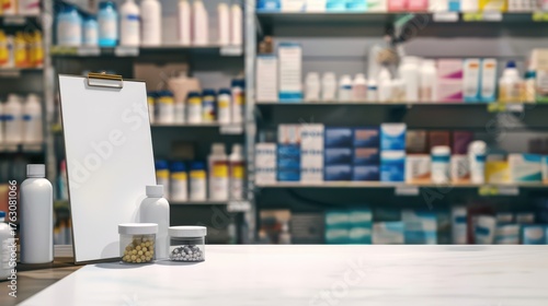 Wallpaper Mural Pharmacy black friday promotion scene with medicines on display and blank clipboard for advertisement. Template, mock-up for pharmacy, drugstore, cosmetics store. Horizontal banner. Copy space Torontodigital.ca