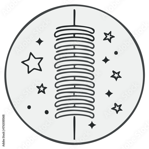 Festive firecracker icon with sparkling stars in a simple line art circle
